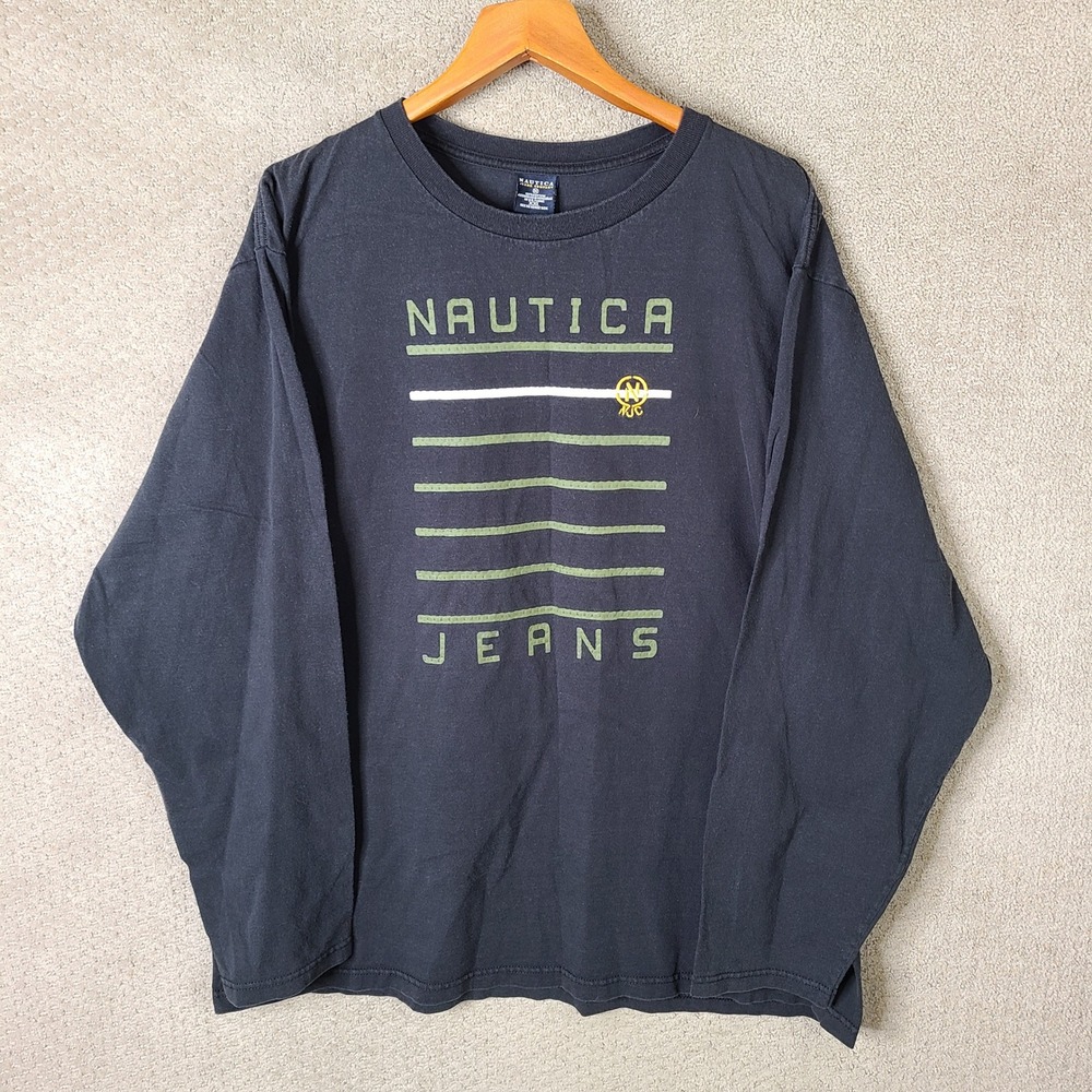 Vintage Nautica Shirt Mens XXL Black Long Sleeve Cotton Graphic Crew Neck Casual
